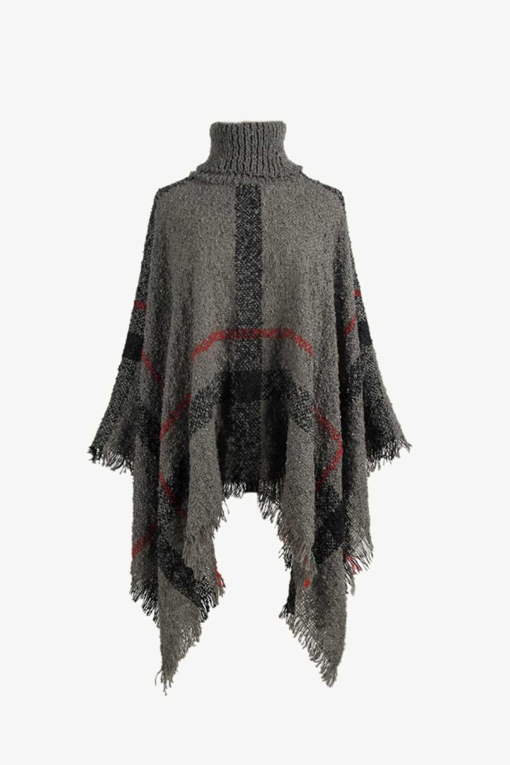 Plaid Turtleneck Raw Hem Poncho - Image 9