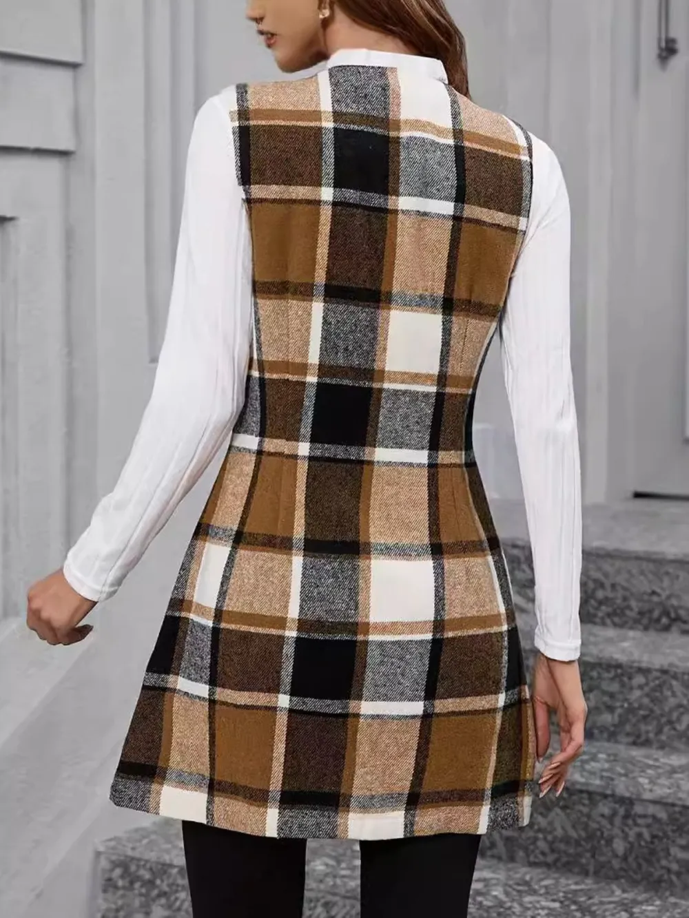 Plaid V-Neck Vest Coat - Image 3