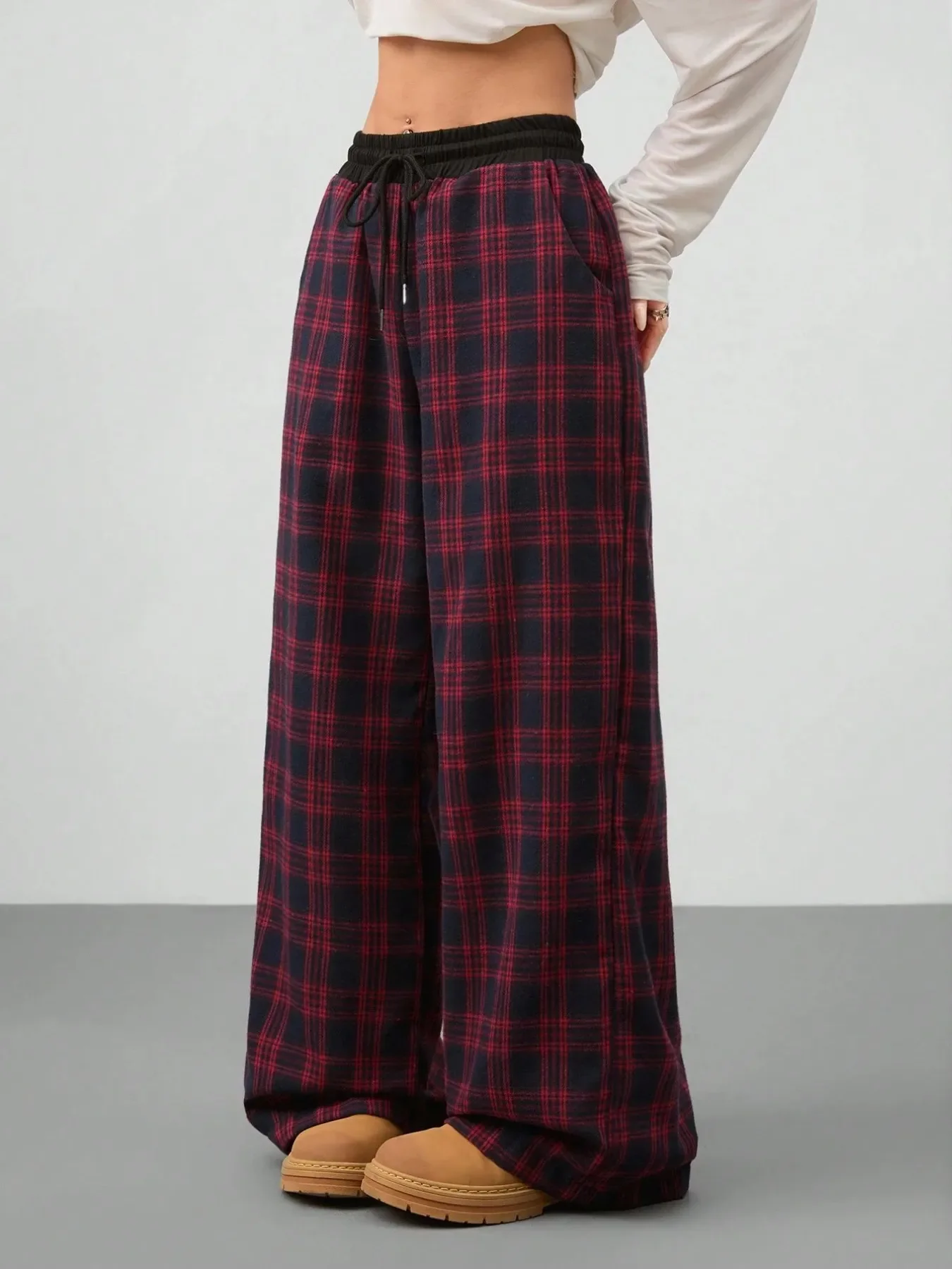 Plaid Wide Leg Pants with Drawstring Waist