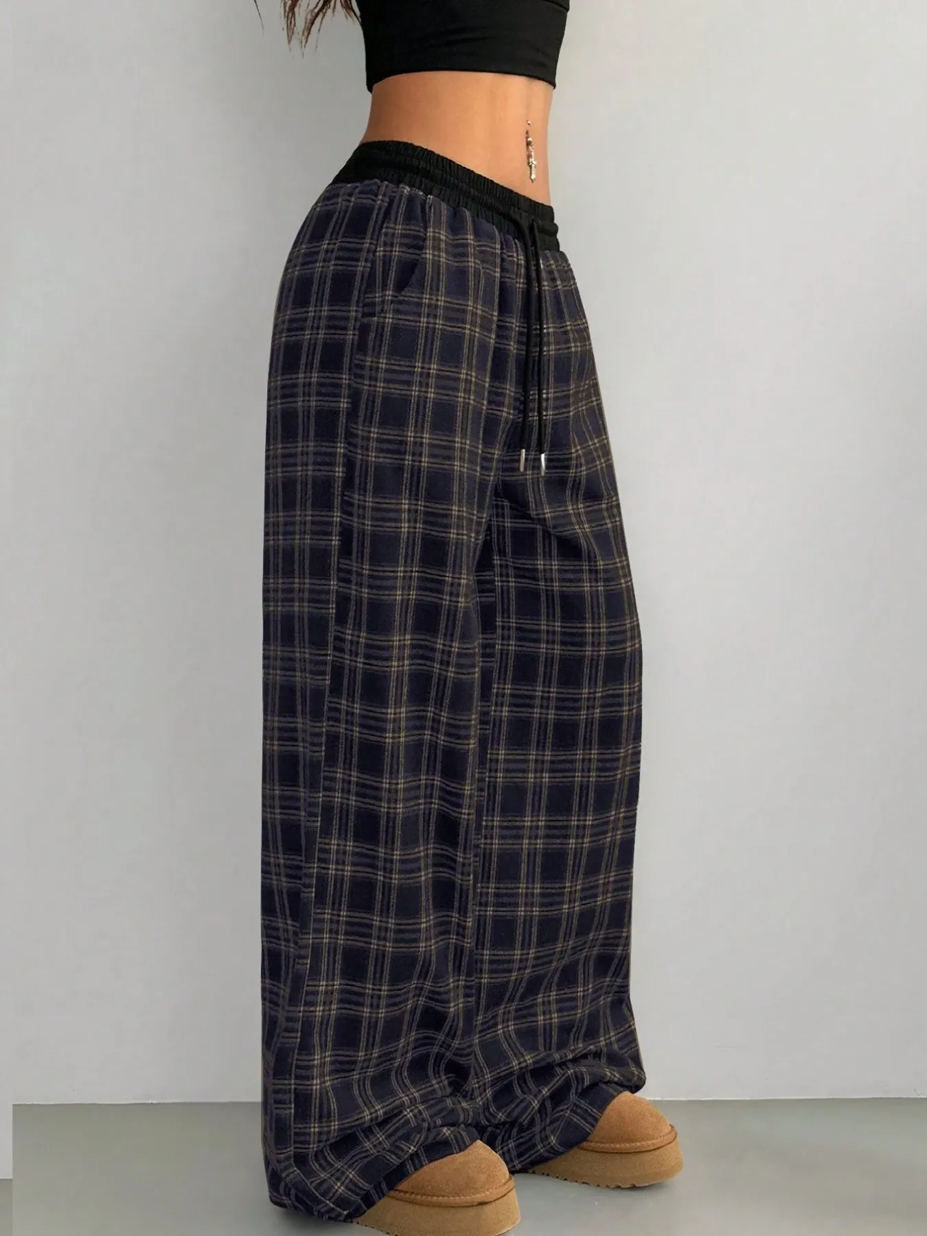 Plaid Wide Leg Pants with Drawstring Waist - Image 10