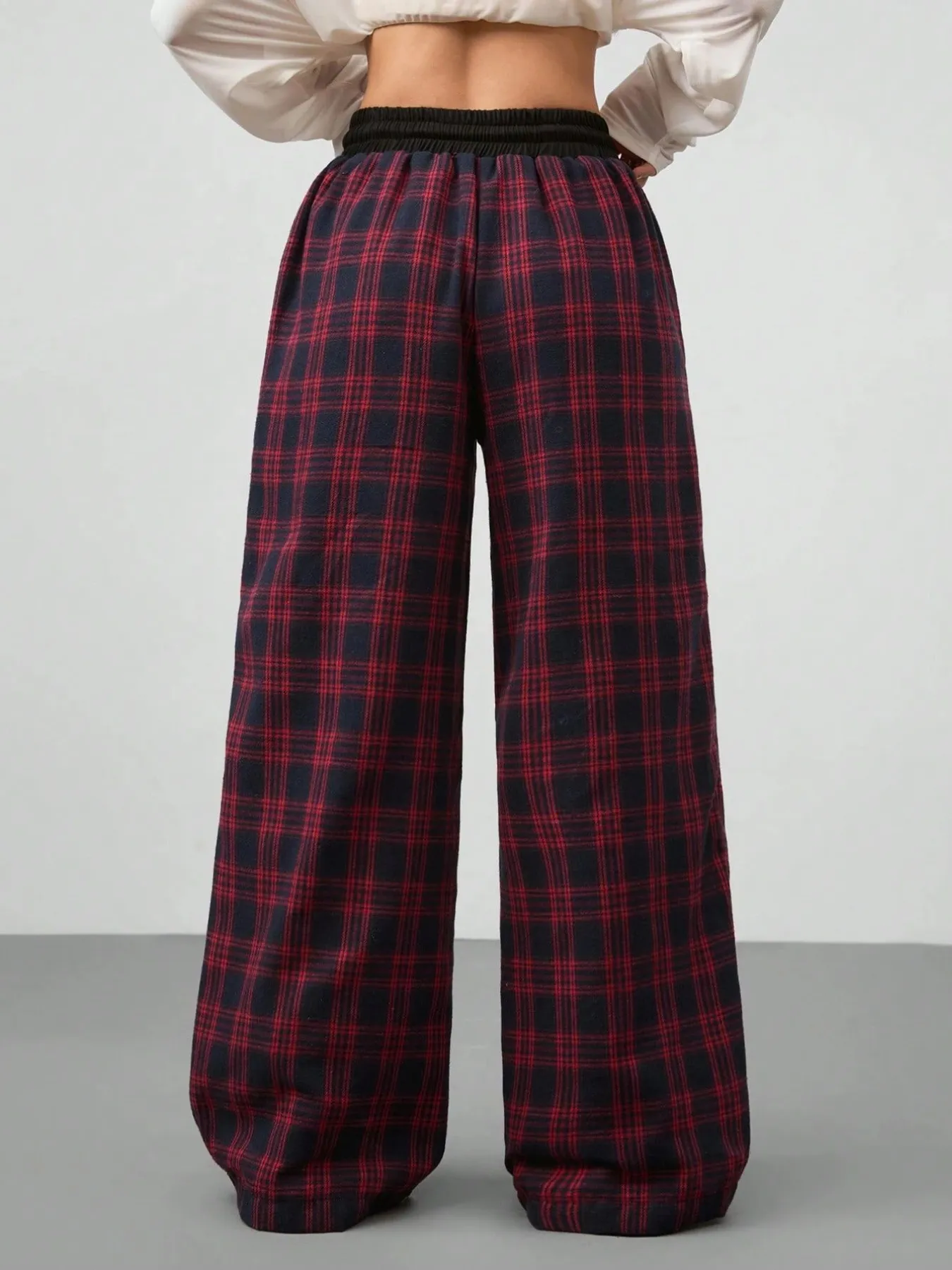 Plaid Wide Leg Pants with Drawstring Waist - Image 2