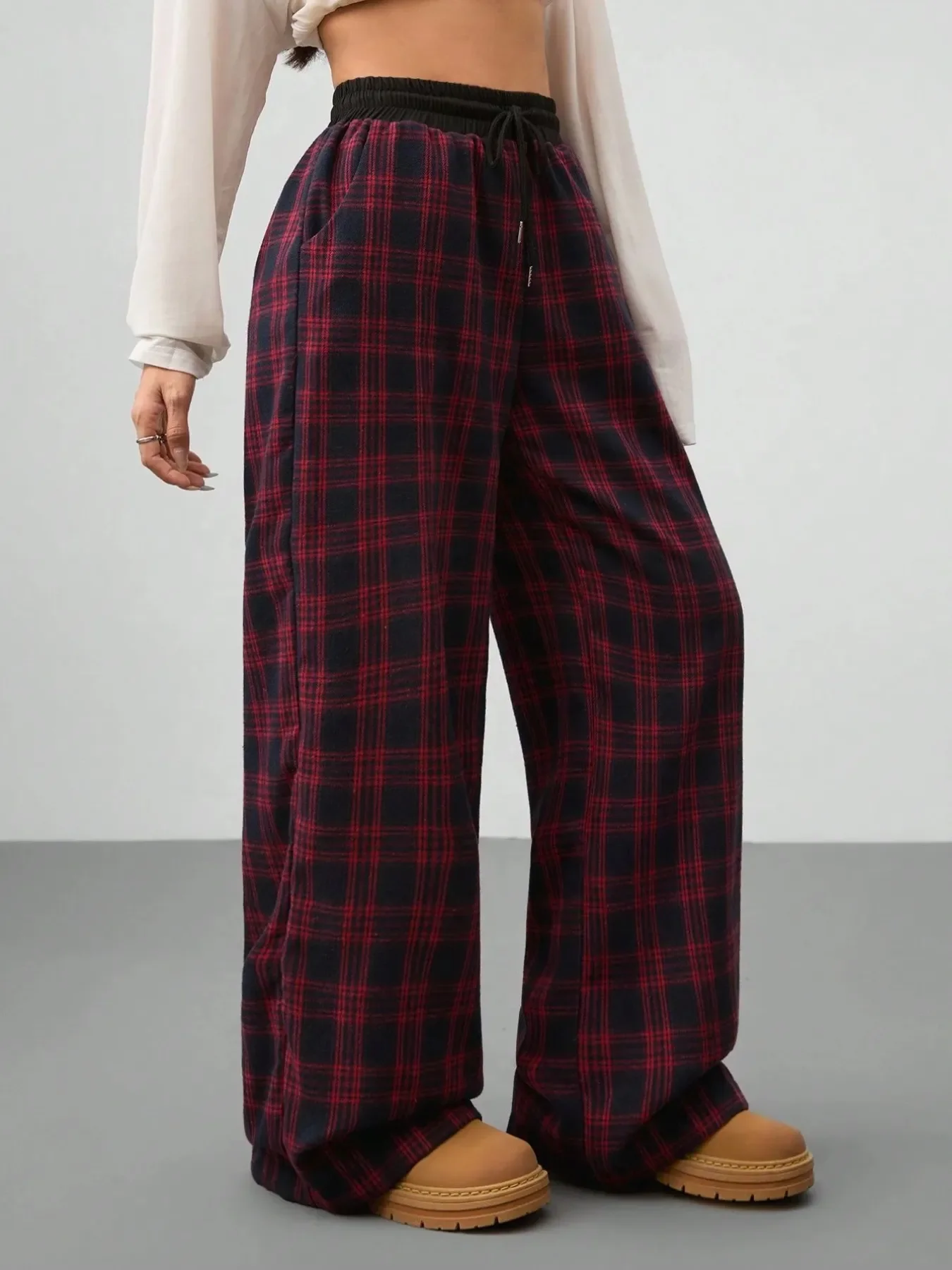 Plaid Wide Leg Pants with Drawstring Waist - Image 3