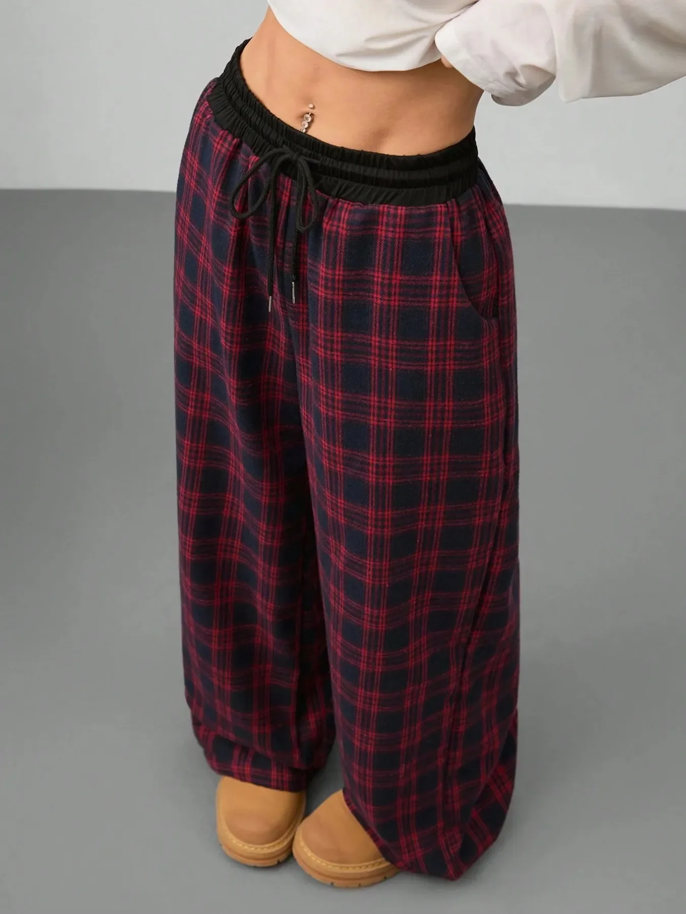 Plaid Wide Leg Pants with Drawstring Waist - Image 4