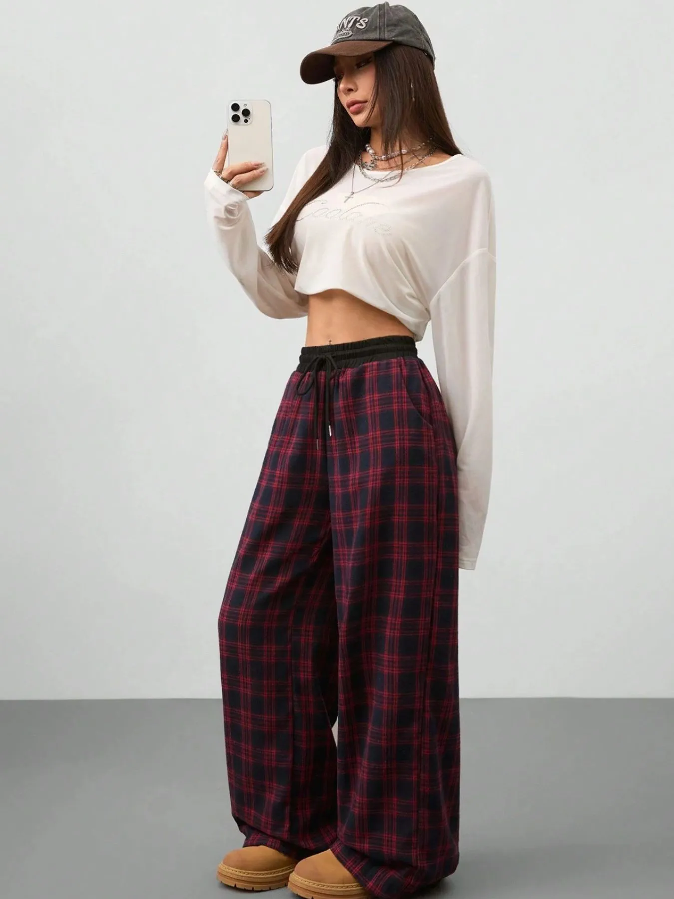 Plaid Wide Leg Pants with Drawstring Waist - Image 5
