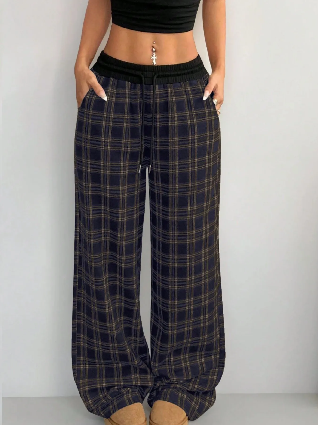 Plaid Wide Leg Pants with Drawstring Waist - Image 6