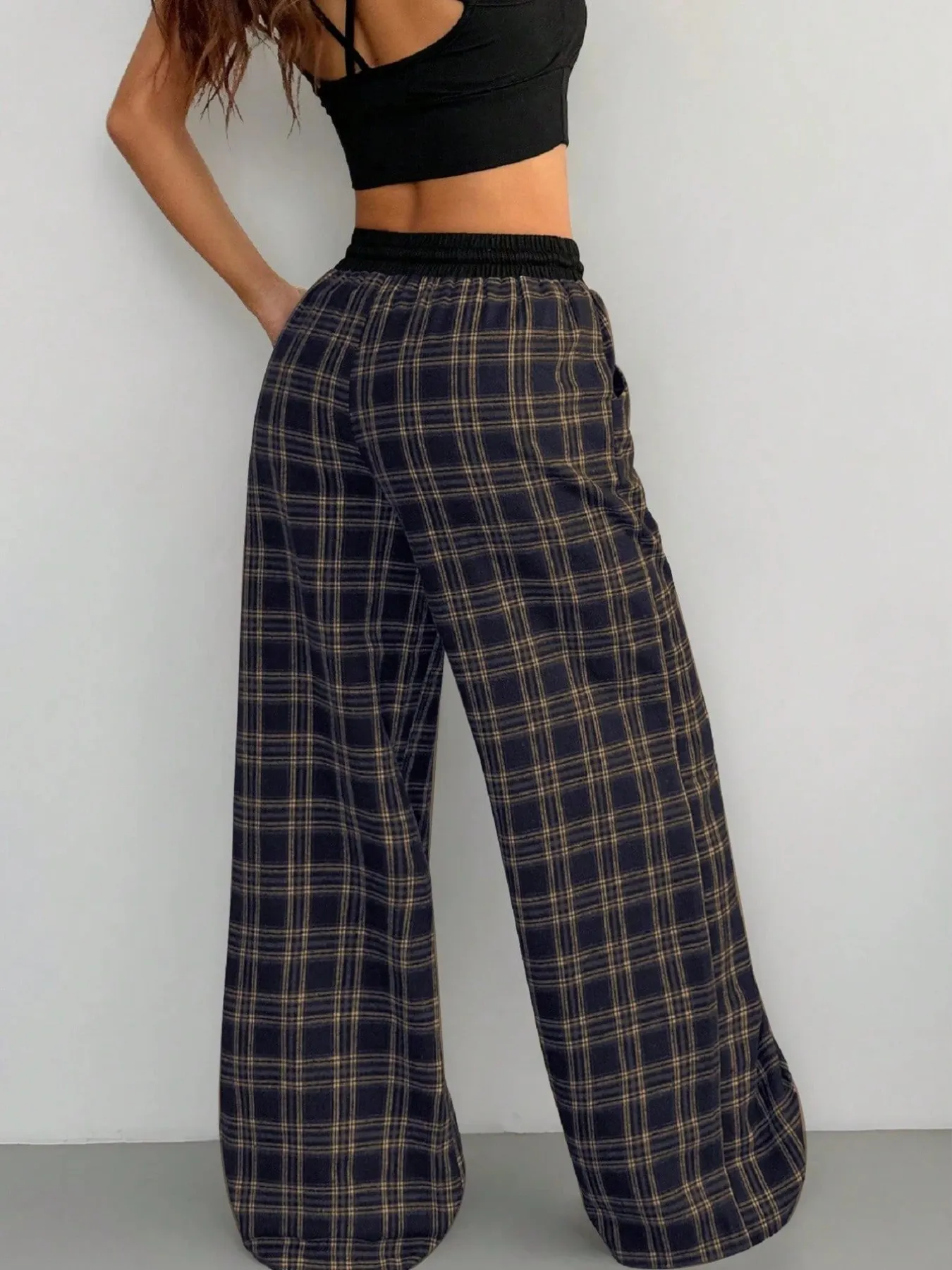 Plaid Wide Leg Pants with Drawstring Waist - Image 7