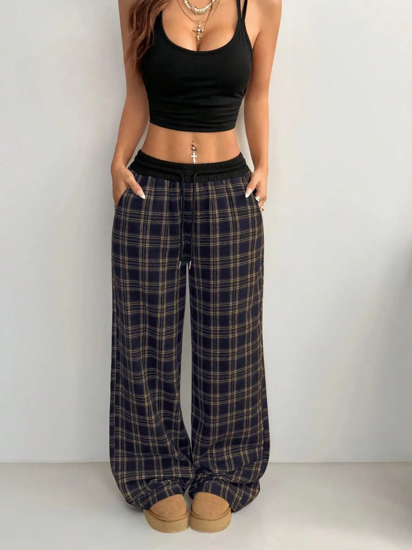 Plaid Wide Leg Pants with Drawstring Waist - Image 8