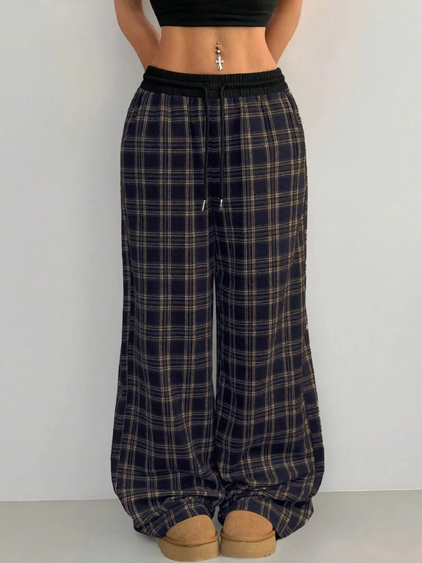 Plaid Wide Leg Pants with Drawstring Waist - Image 9