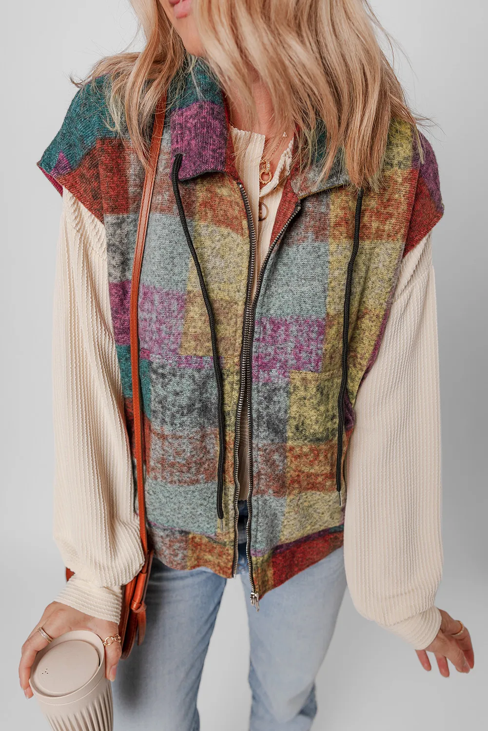 Plaid Zip Up Collared Neck Vest Coat - Image 3