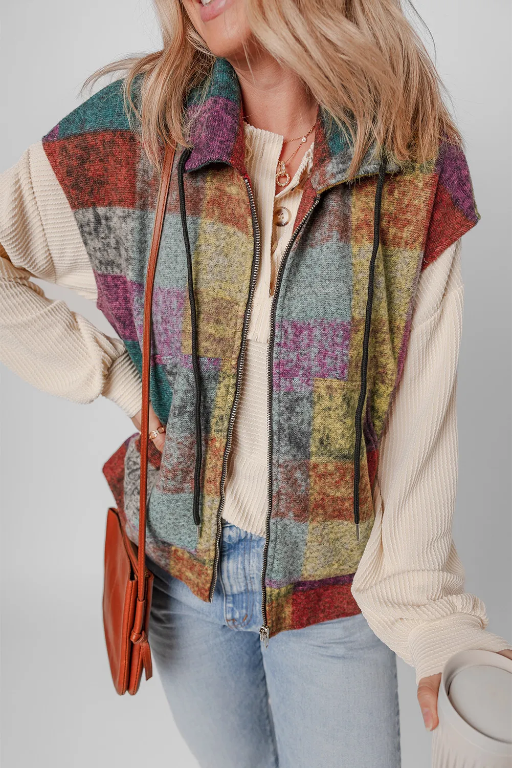 Plaid Zip Up Collared Neck Vest Coat - Image 4
