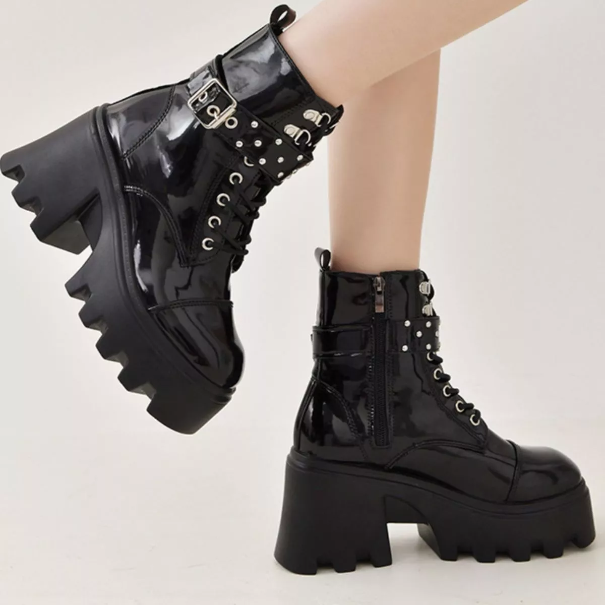 Platform Ankle Boots with Buckle and Studded Detail - Image 2