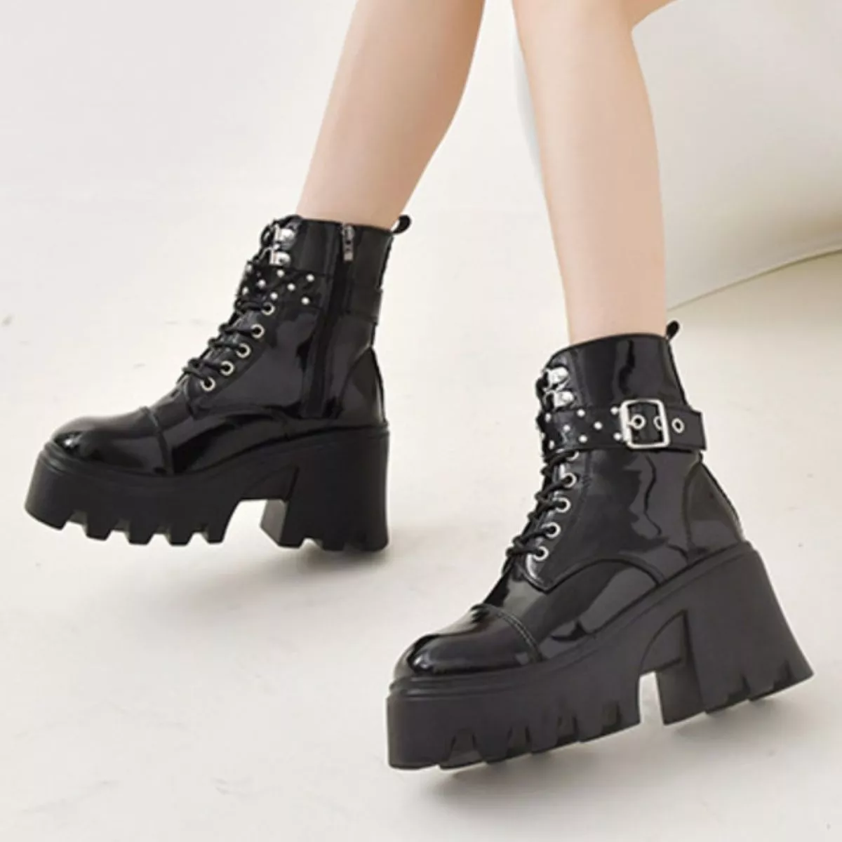 Platform Ankle Boots with Buckle and Studded Detail - Image 3
