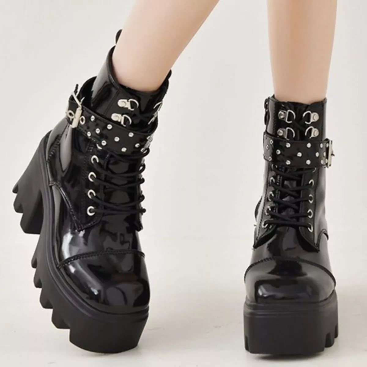 Platform Ankle Boots with Buckle and Studded Detail - Image 4