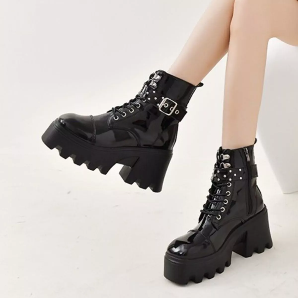 Platform Ankle Boots with Buckle and Studded Detail - Image 5