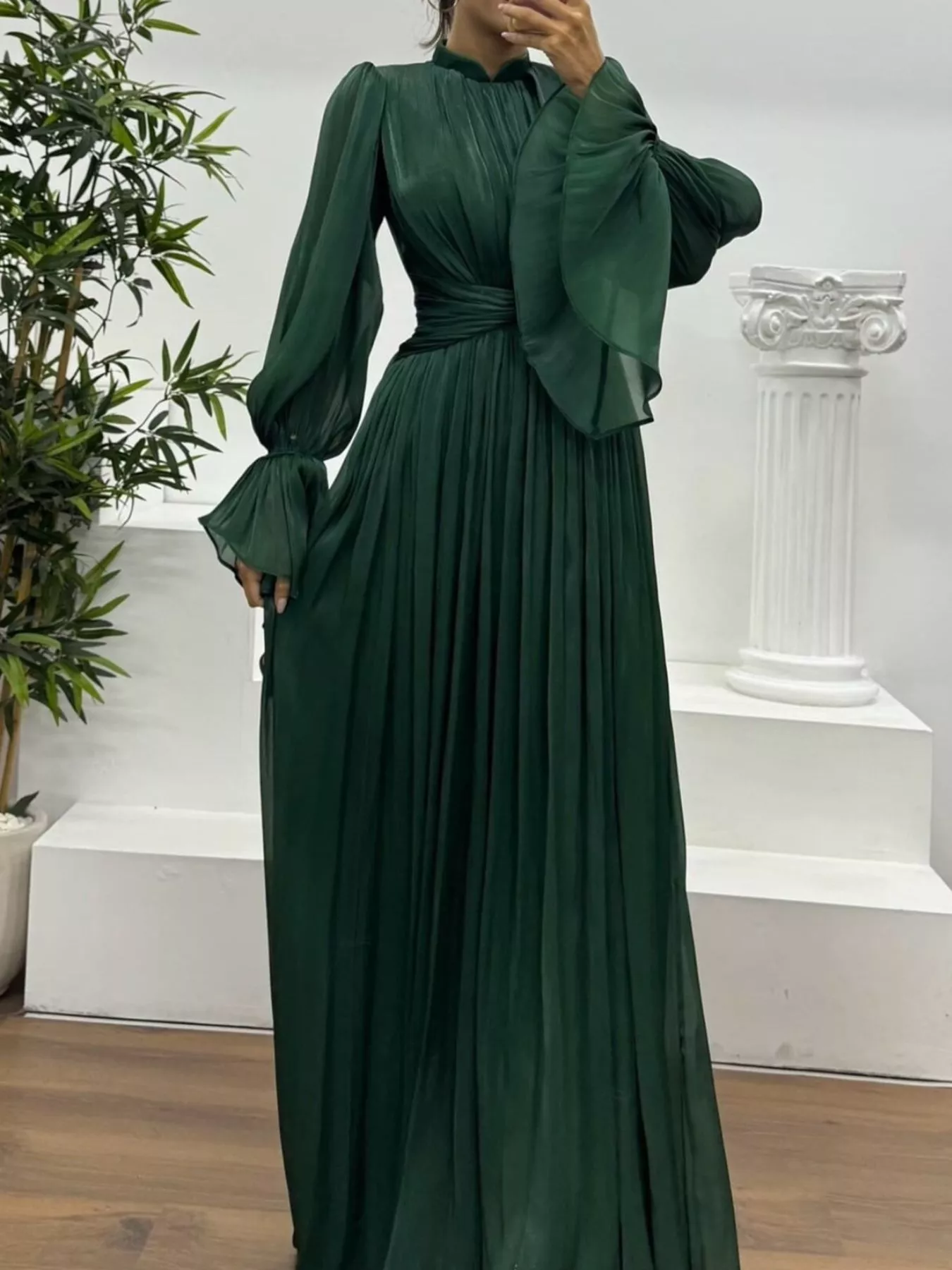 Pleated Mock Neck Long Sleeve Maxi Dress - Image 11