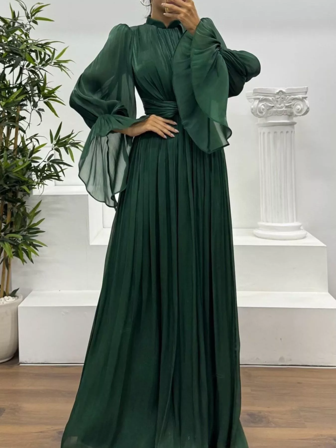 Pleated Mock Neck Long Sleeve Maxi Dress - Image 14