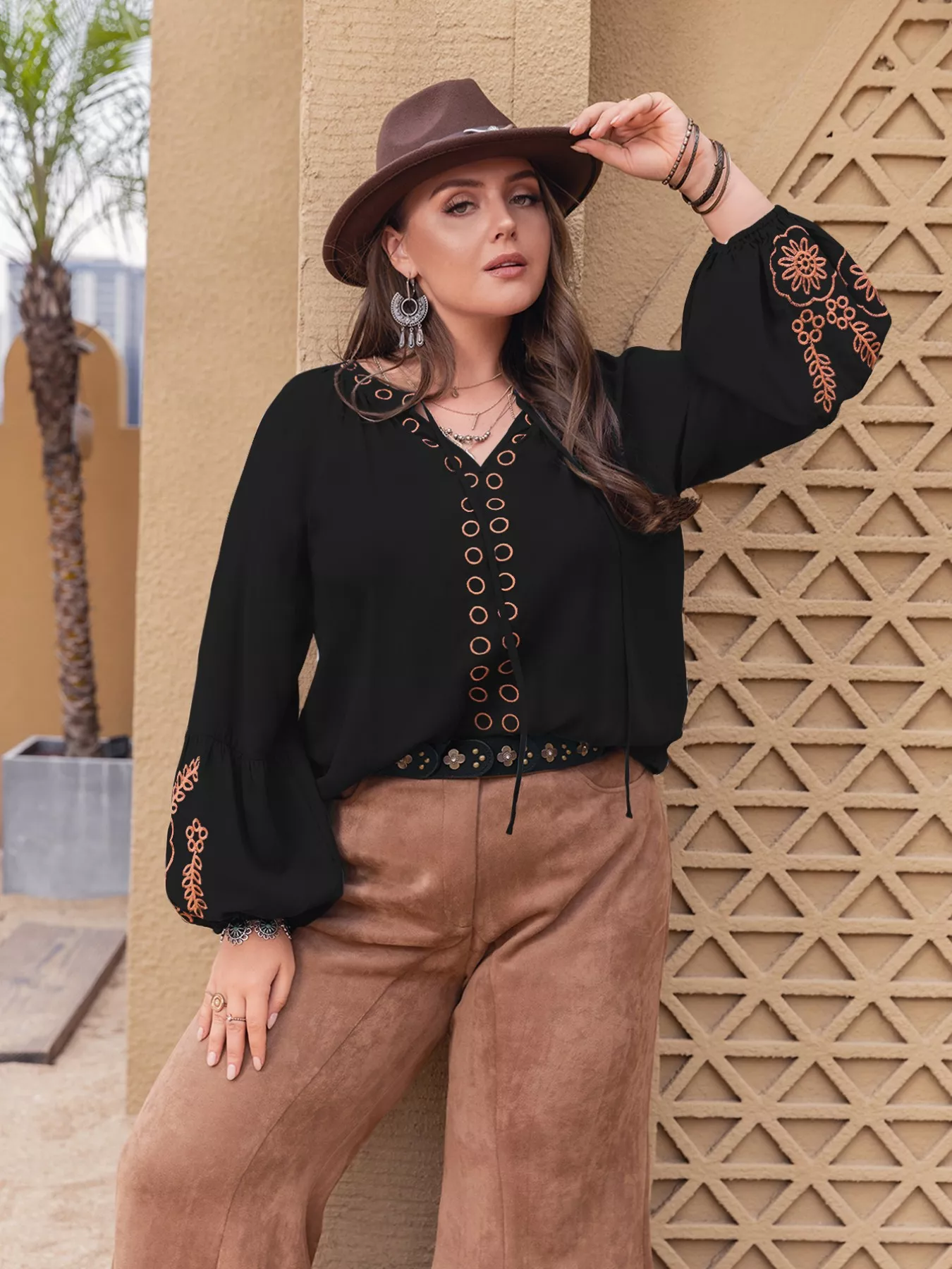 Plus Size Boho Embroidered Long Sleeve Blouse - Image 2