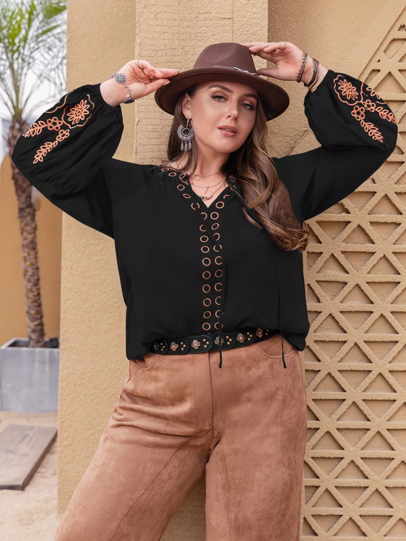 Plus Size Boho Embroidered Long Sleeve Blouse - Image 3