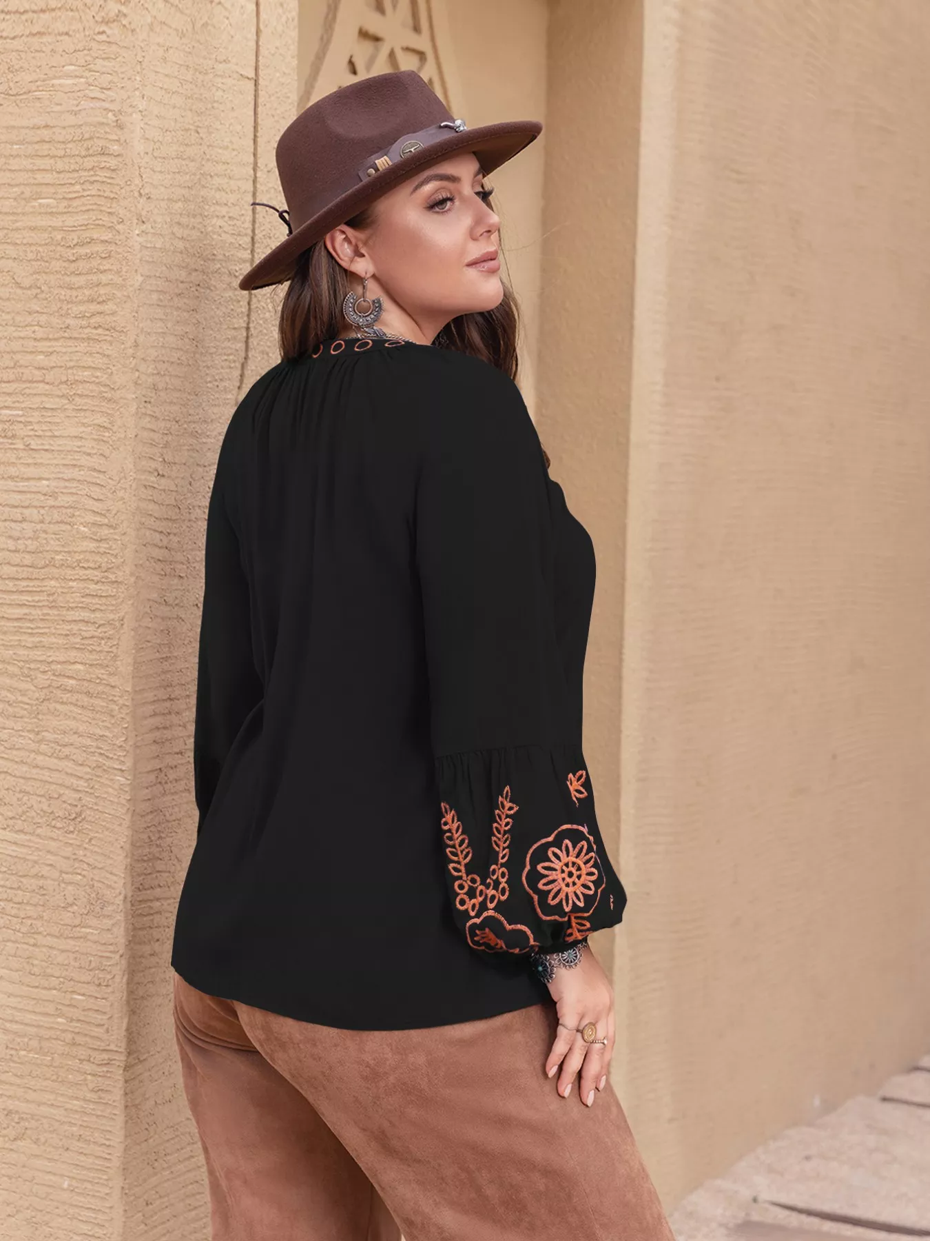 Plus Size Boho Embroidered Long Sleeve Blouse - Image 4