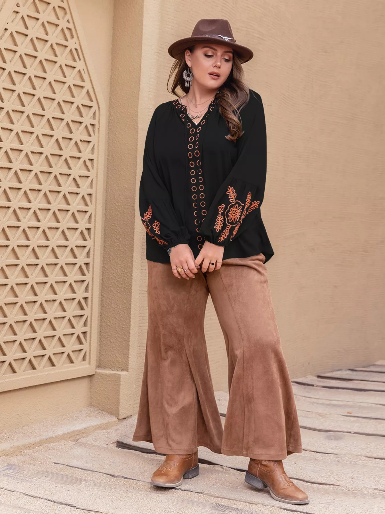 Plus Size Boho Embroidered Long Sleeve Blouse - Image 5