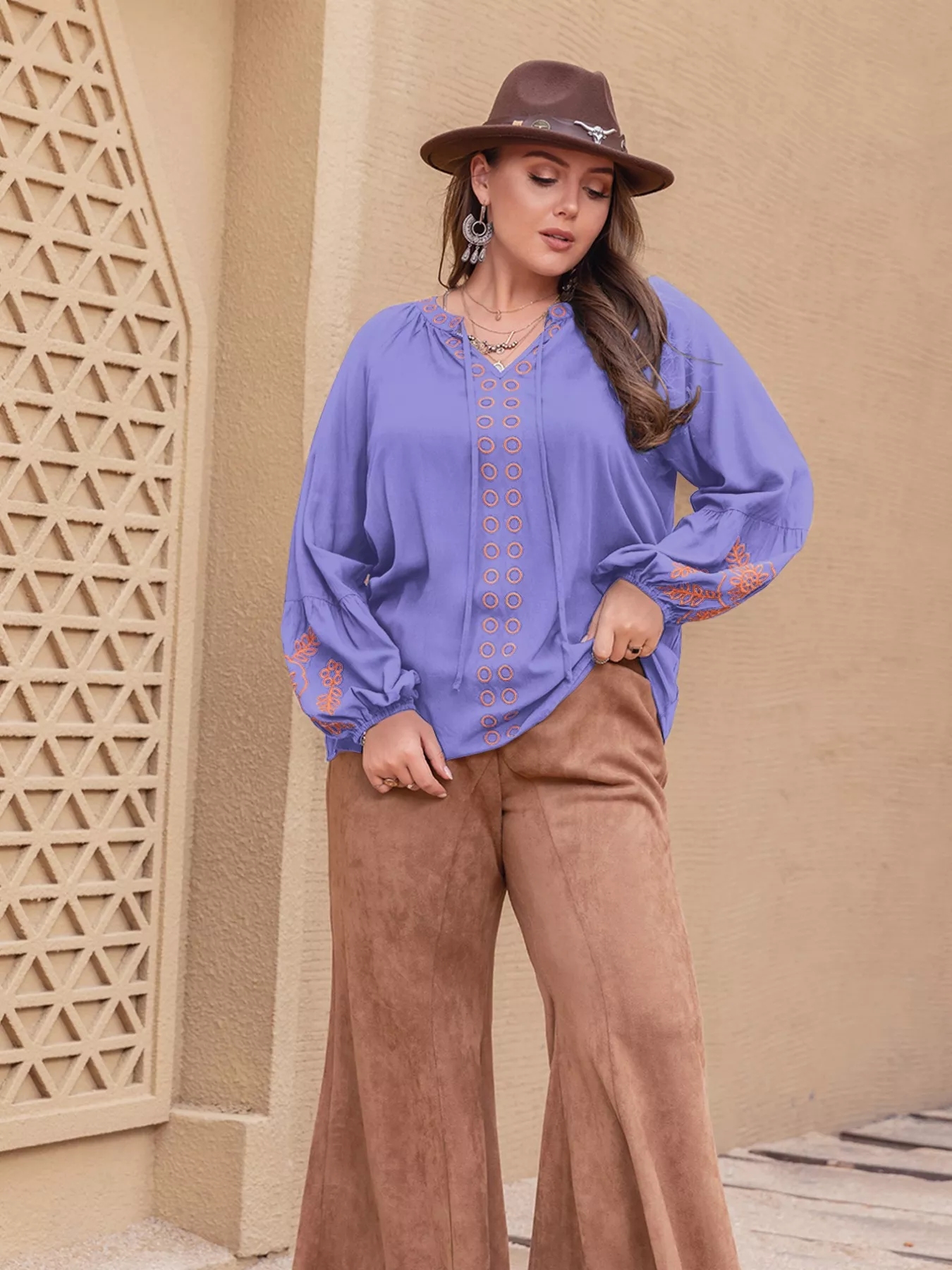 Plus Size Boho Embroidered Long Sleeve Blouse - Image 6