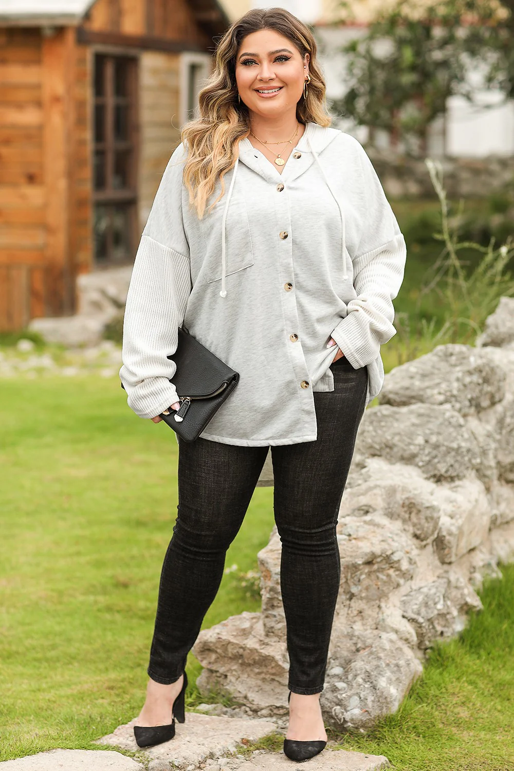 Plus Size Button Up Drawstring Long Sleeve Hoodie - Image 5