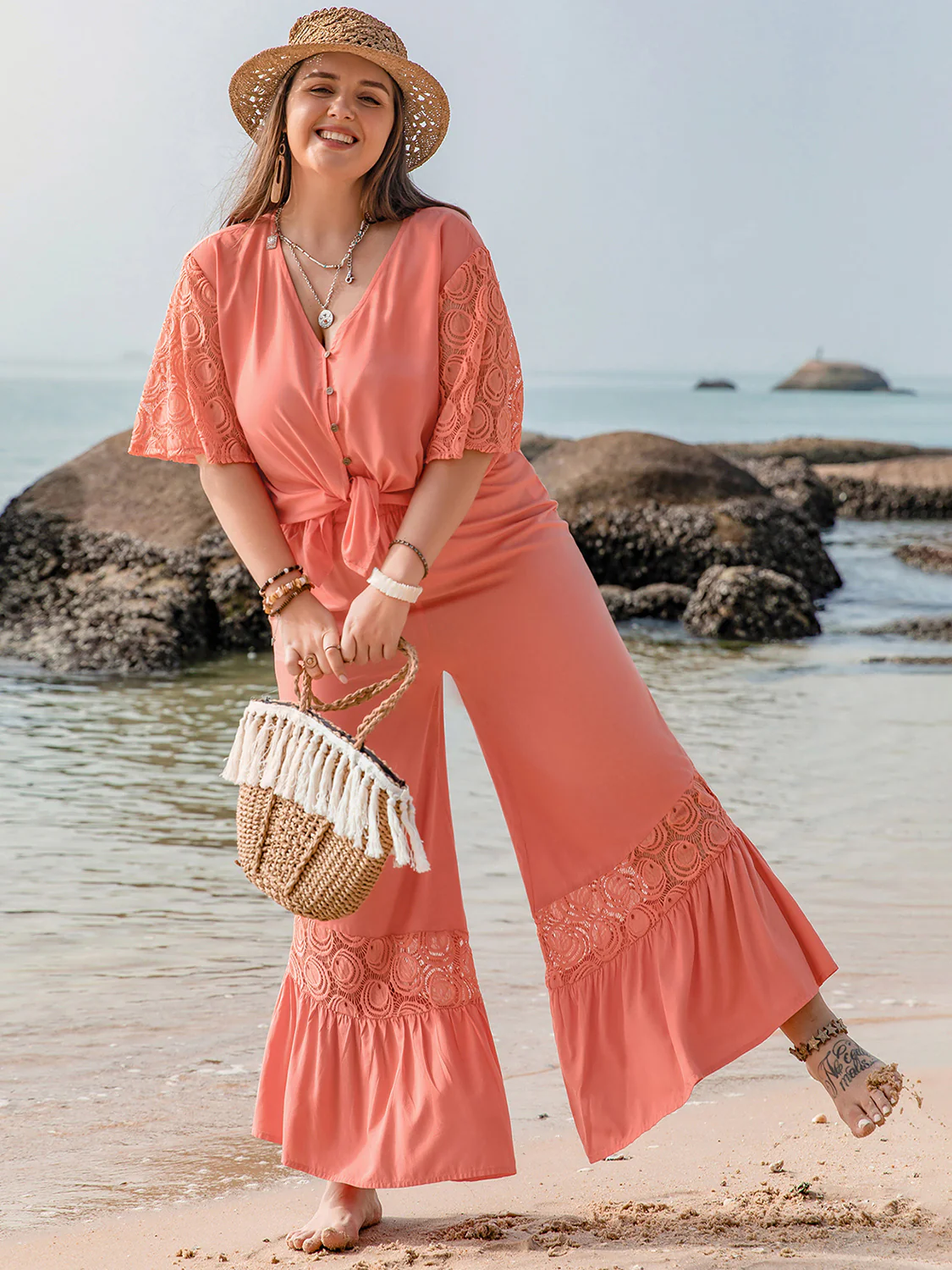 Plus Size Button Up Half Sleeve Top and Pants Set - Image 3