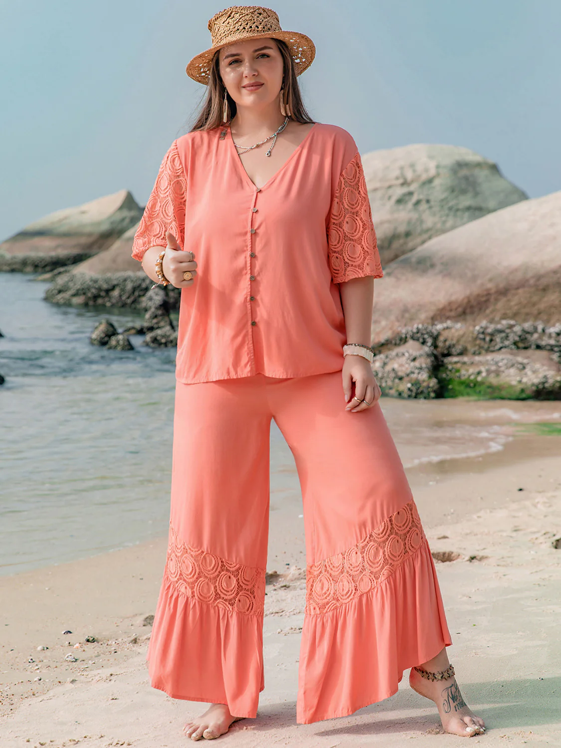 Plus Size Button Up Half Sleeve Top and Pants Set - Image 5