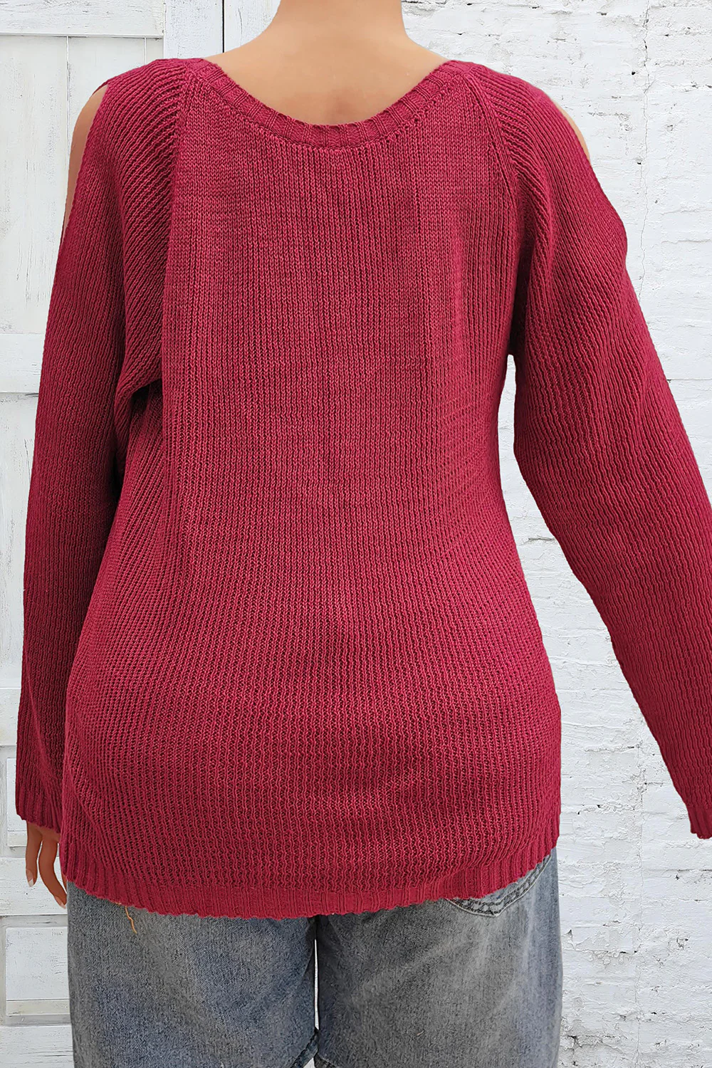 Plus Size Cold Shoulder Round Neck Sweater - Image 2