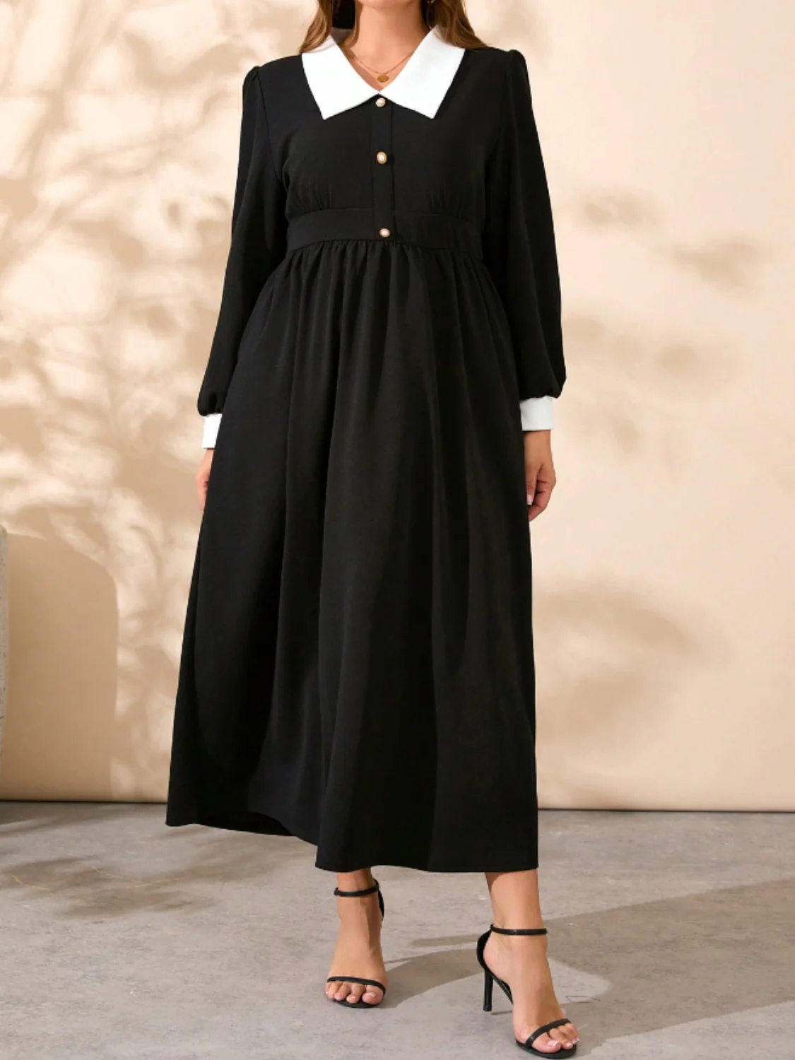 Plus Size Contrast Collared Neck Long Sleeve Midi Dress - Image 2