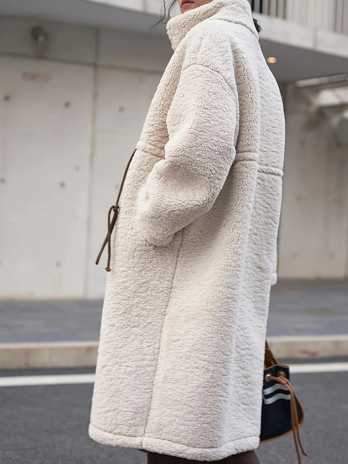 Plus Size Drawstring Zip Up Turtleneck Sherpa Coat - Image 2