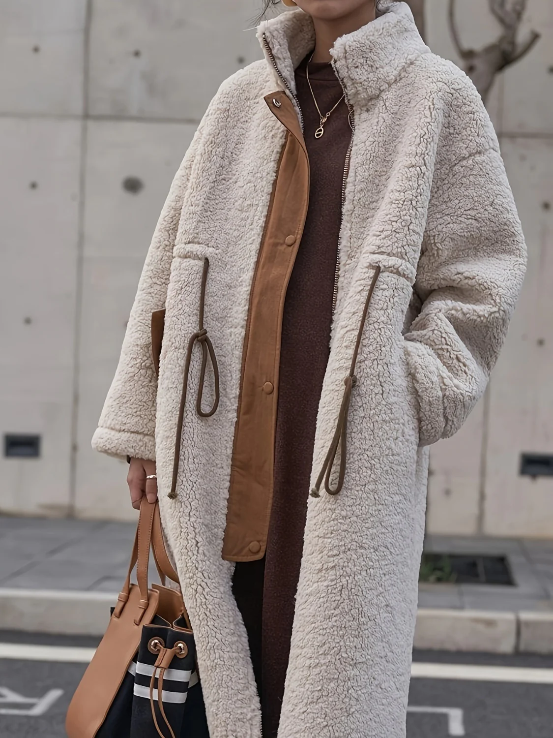 Plus Size Drawstring Zip Up Turtleneck Sherpa Coat - Image 3