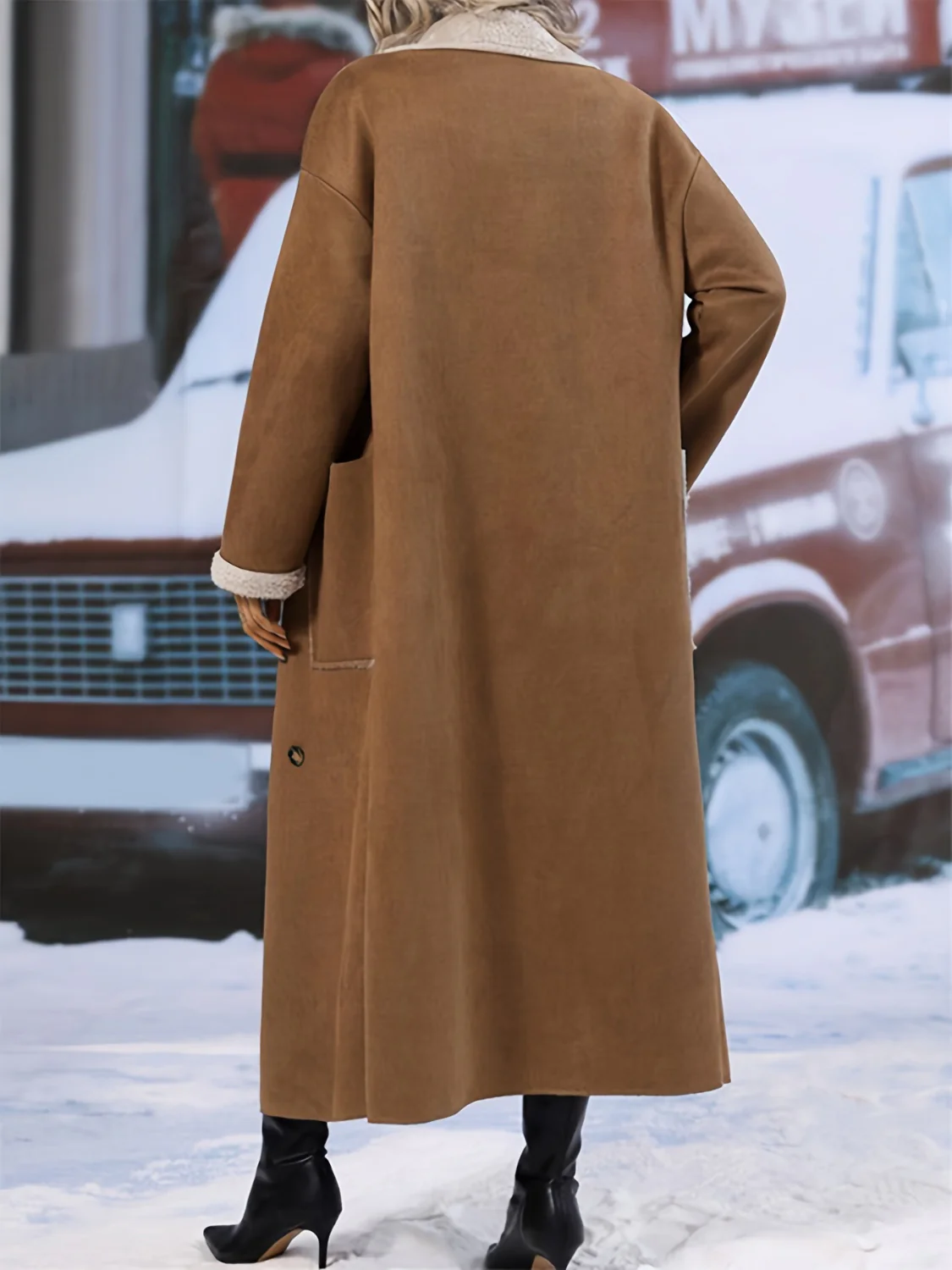 Plus Size Drop Shoulder Sherpa Longline Coat - Image 2