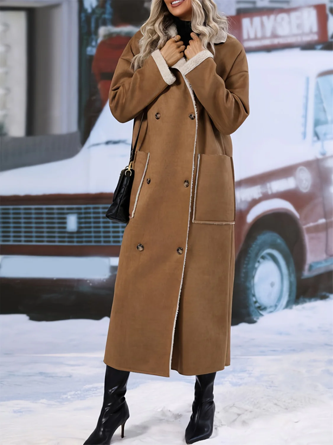 Plus Size Drop Shoulder Sherpa Longline Coat - Image 3