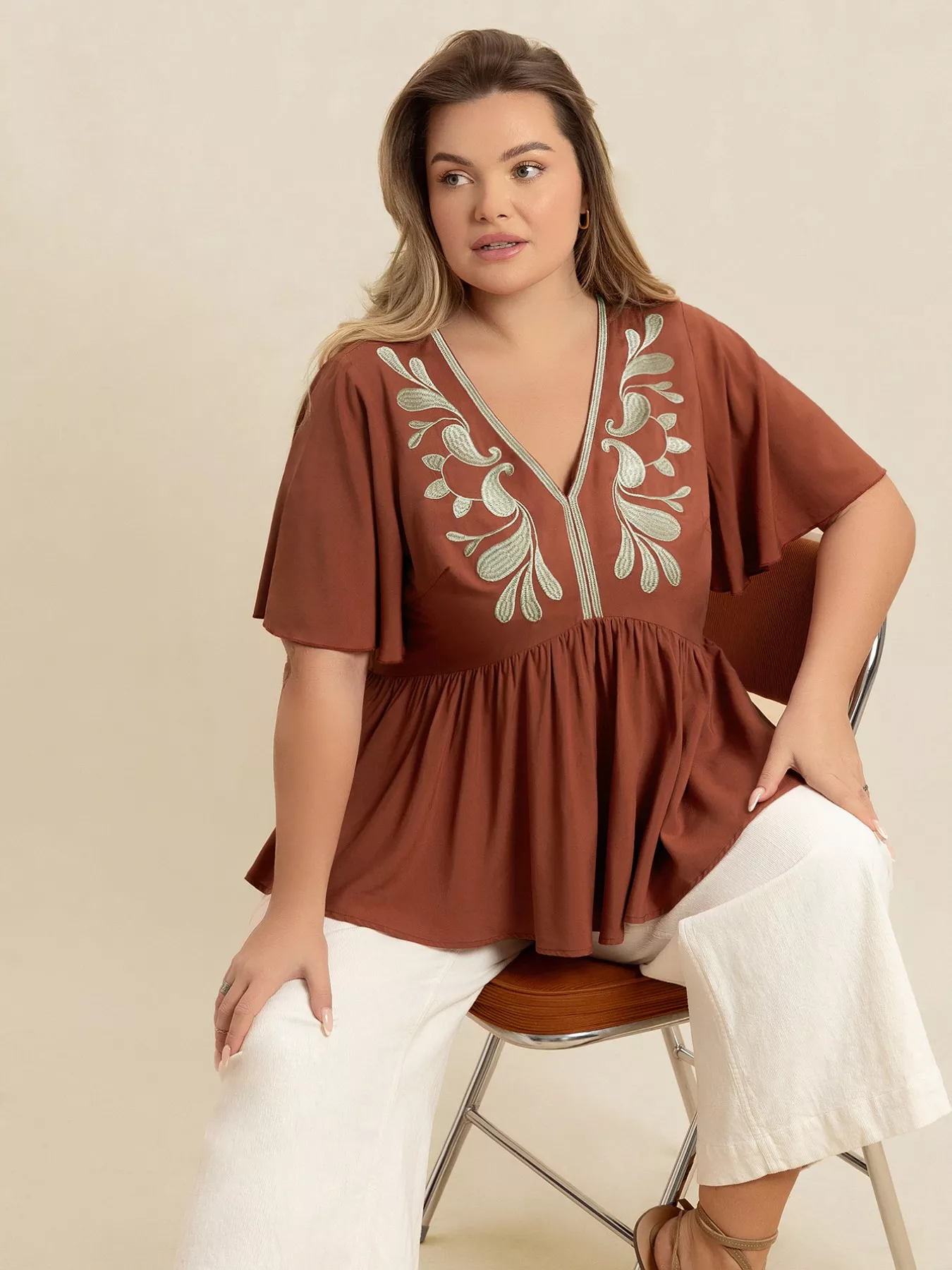 Plus Size Embroidered V-Neck Flutter Sleeve Blouse - Image 2