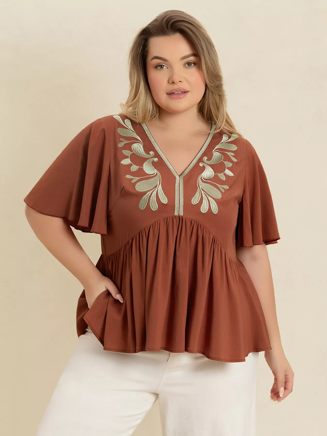 Plus Size Embroidered V-Neck Flutter Sleeve Blouse - Image 3
