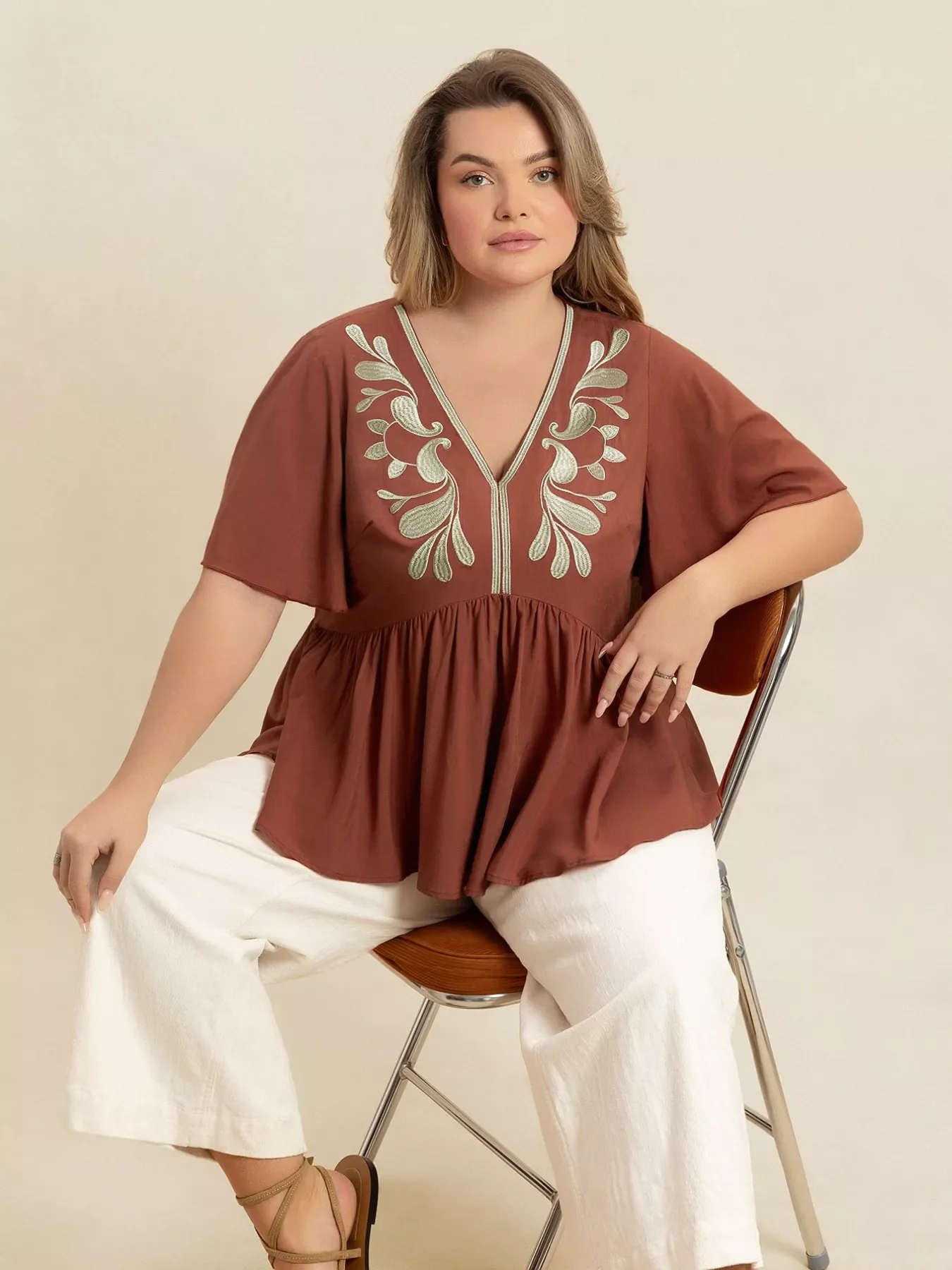 Plus Size Embroidered V-Neck Flutter Sleeve Blouse - Image 4