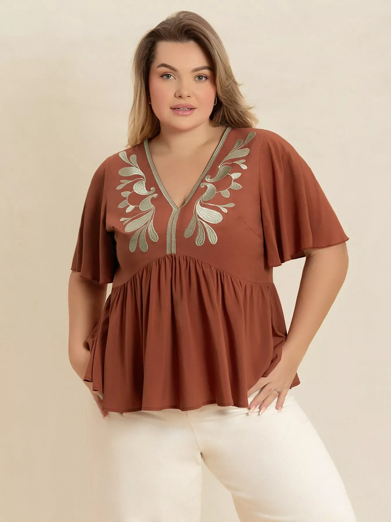 Plus Size Embroidered V-Neck Flutter Sleeve Blouse - Image 5