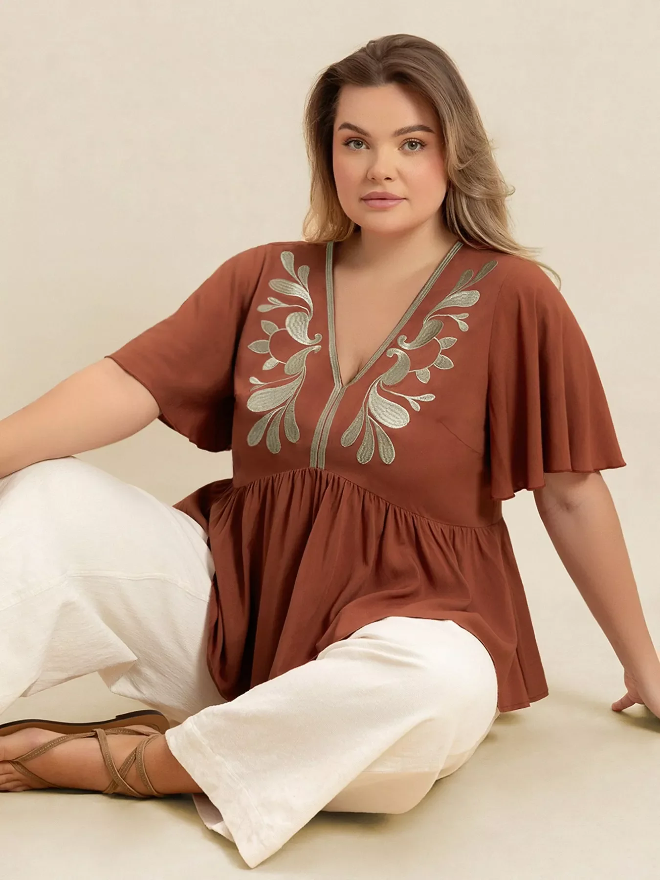 Plus Size Embroidered V-Neck Flutter Sleeve Blouse - Image 6