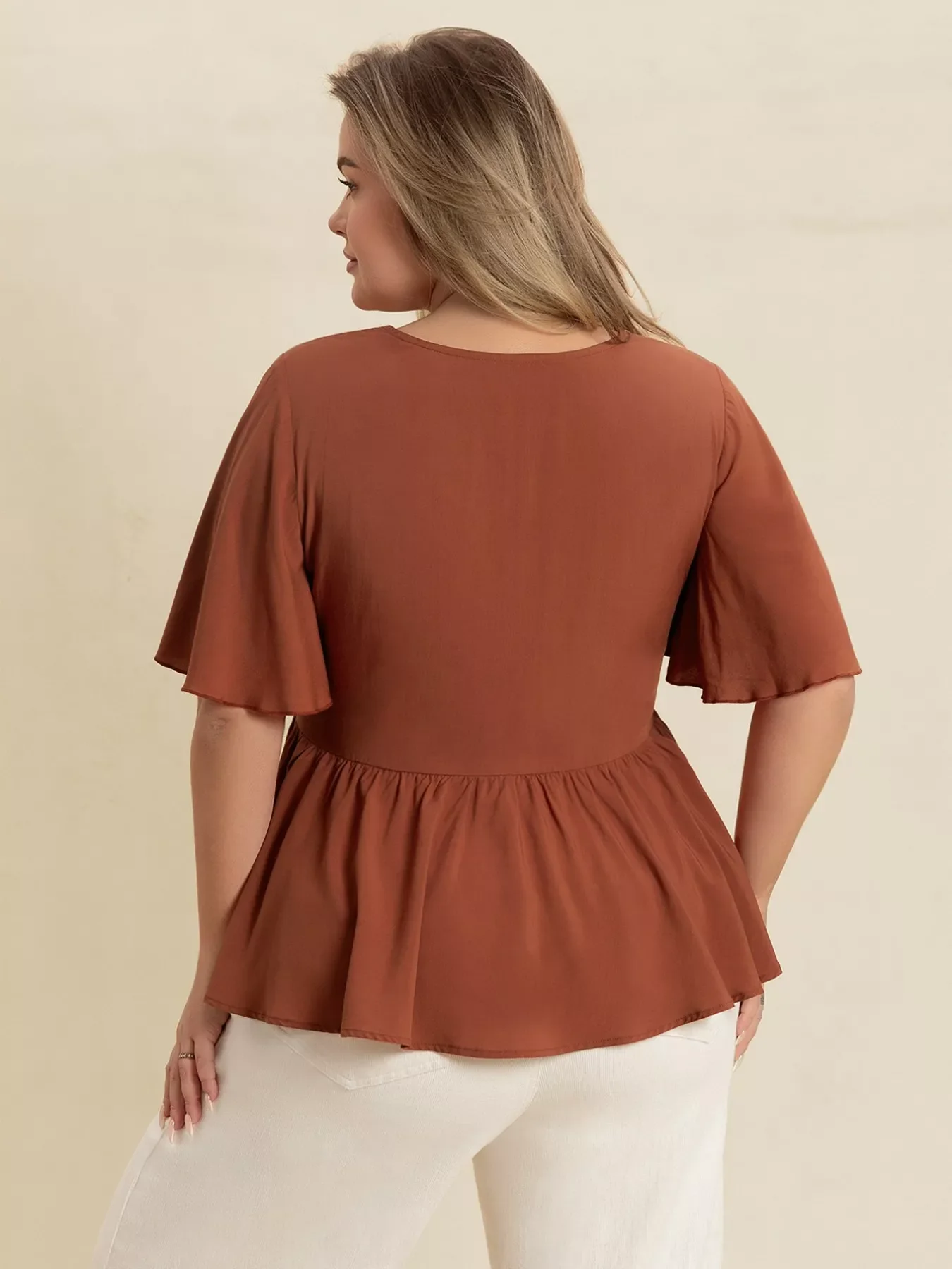 Plus Size Embroidered V-Neck Flutter Sleeve Blouse - Image 7