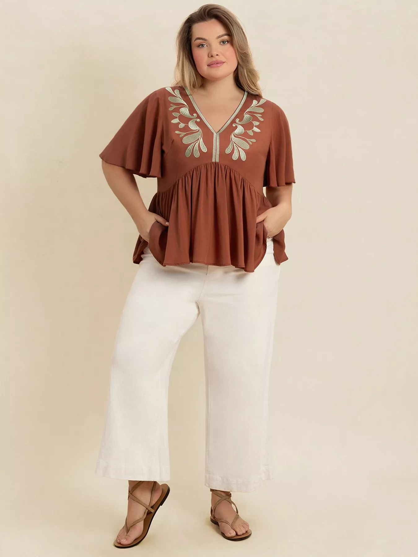 Plus Size Embroidered V-Neck Flutter Sleeve Blouse - Image 8