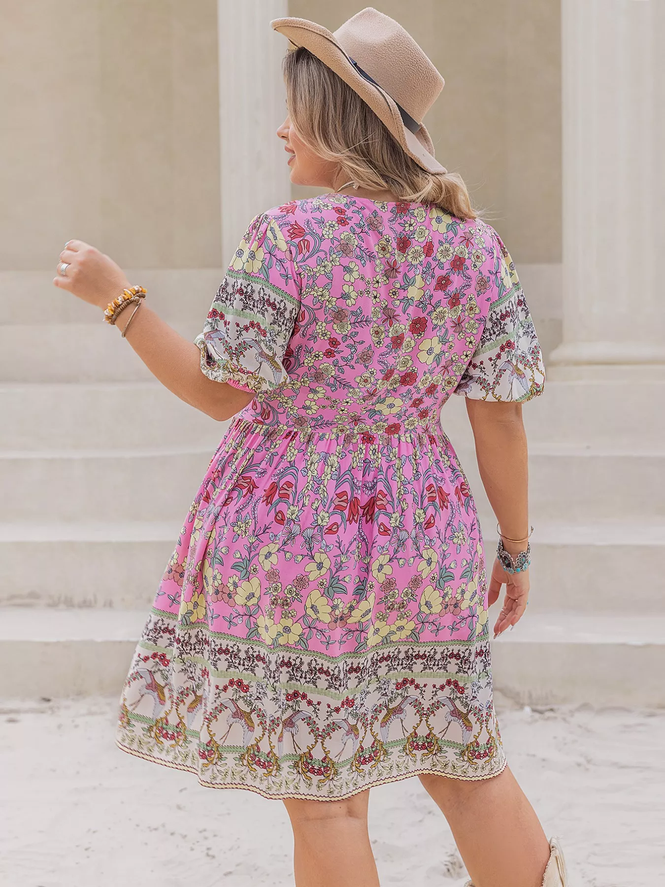 Plus Size Floral Print V-Neck Puff Sleeve Summer Dress - Image 6