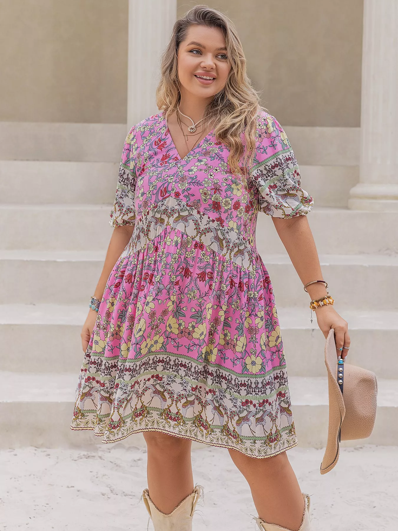 Plus Size Floral Print V-Neck Puff Sleeve Summer Dress - Image 7