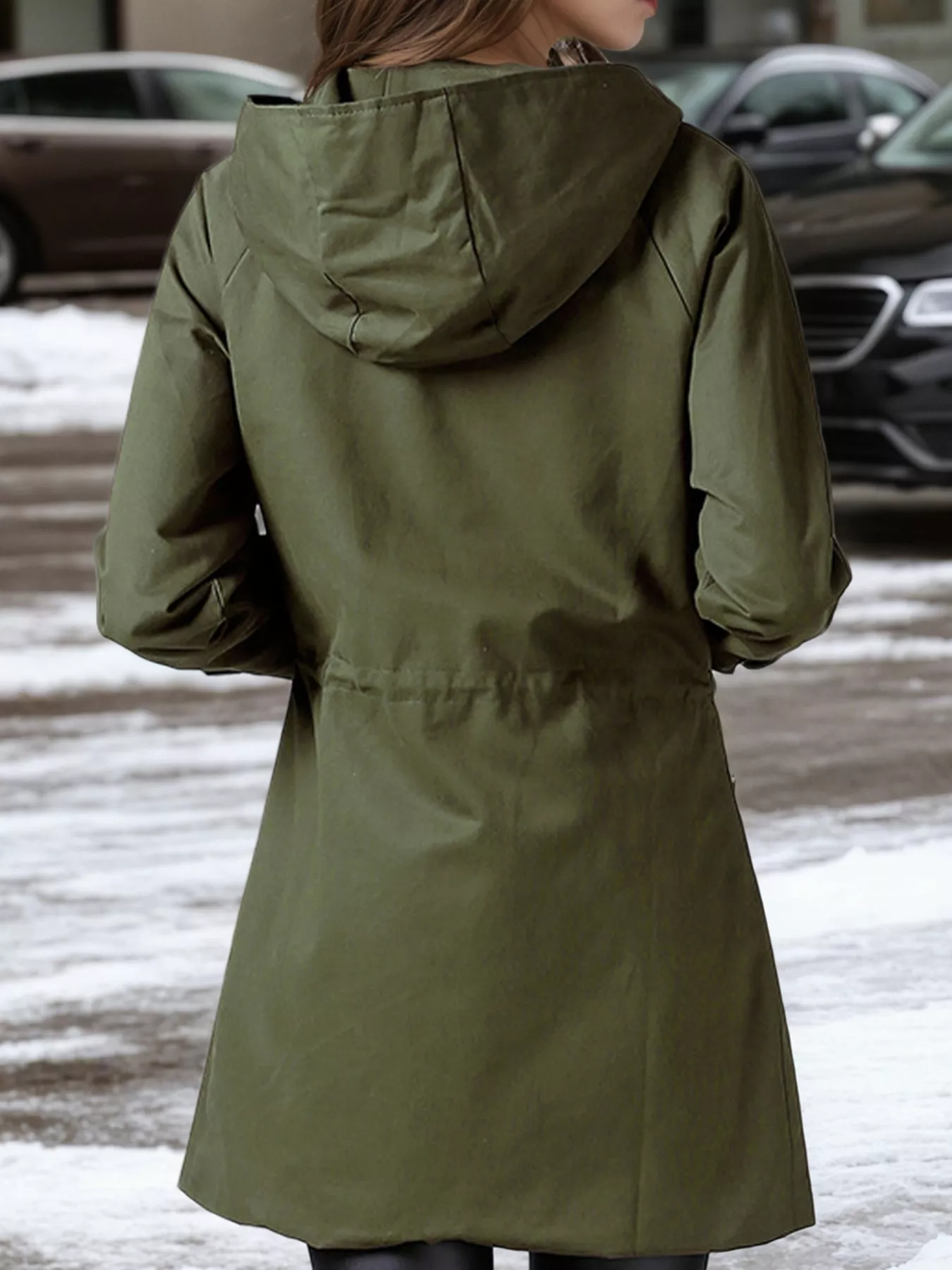 Plus Size Hooded Drawstring Waist Trench Coat - Image 2