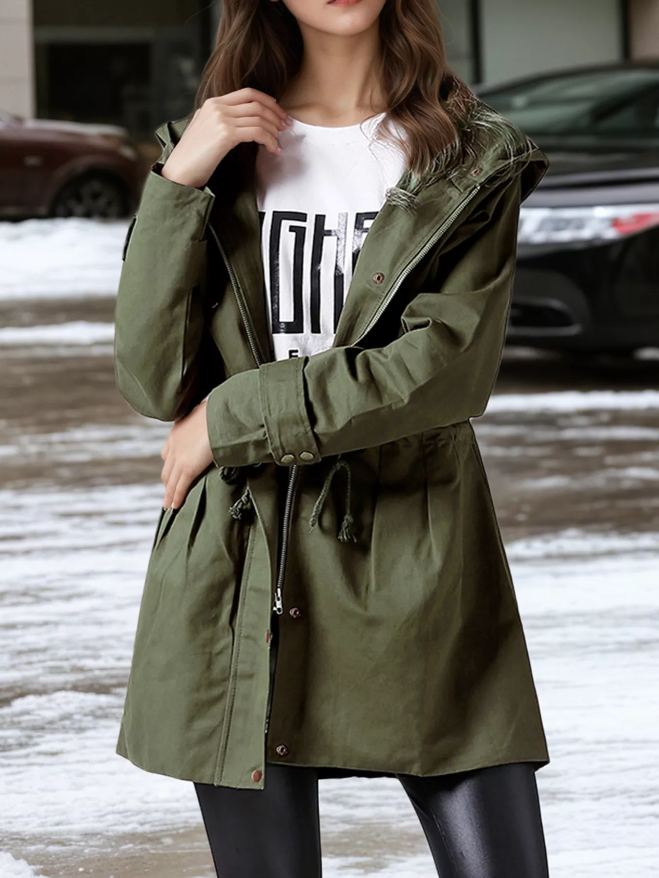 Plus Size Hooded Drawstring Waist Trench Coat - Image 3