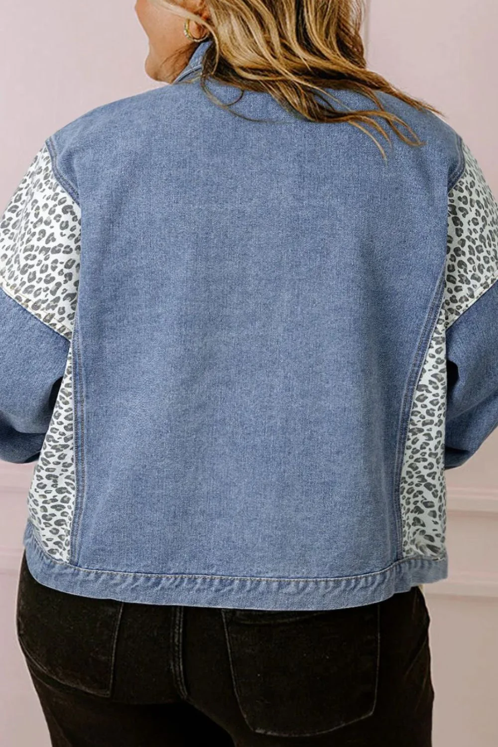 Plus Size Leopard Long Sleeve Denim Jacket - Image 2