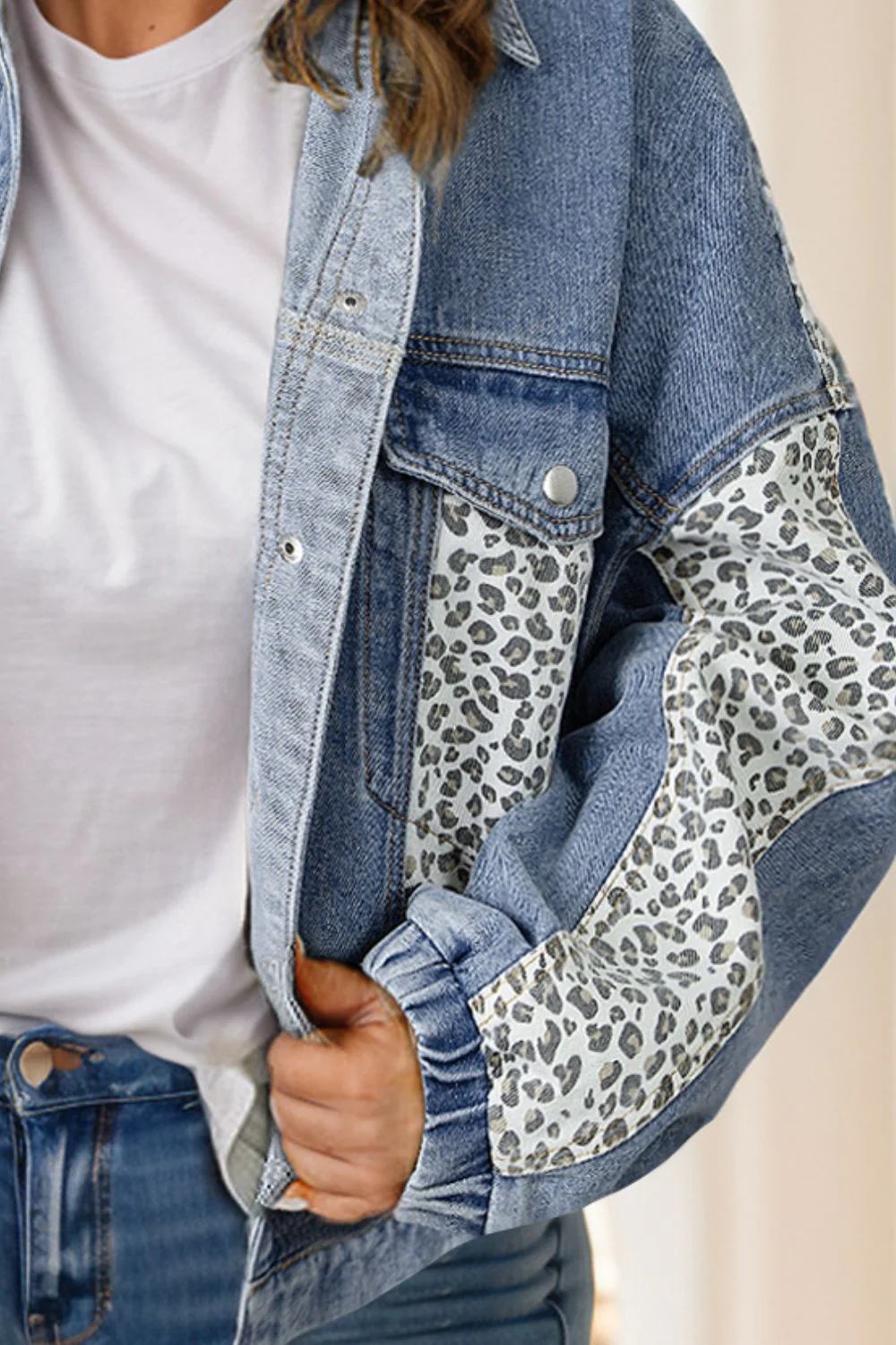Plus Size Leopard Long Sleeve Denim Jacket - Image 3