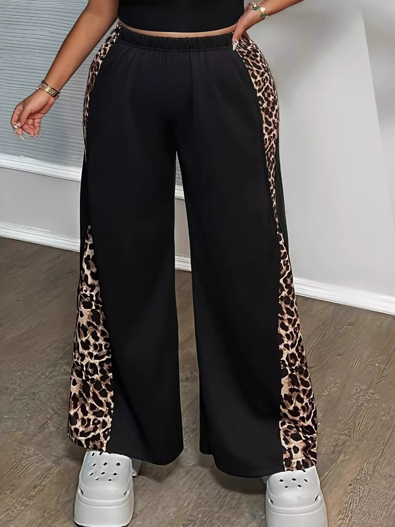 Plus Size Leopard Print Wide Leg Pants - Image 2