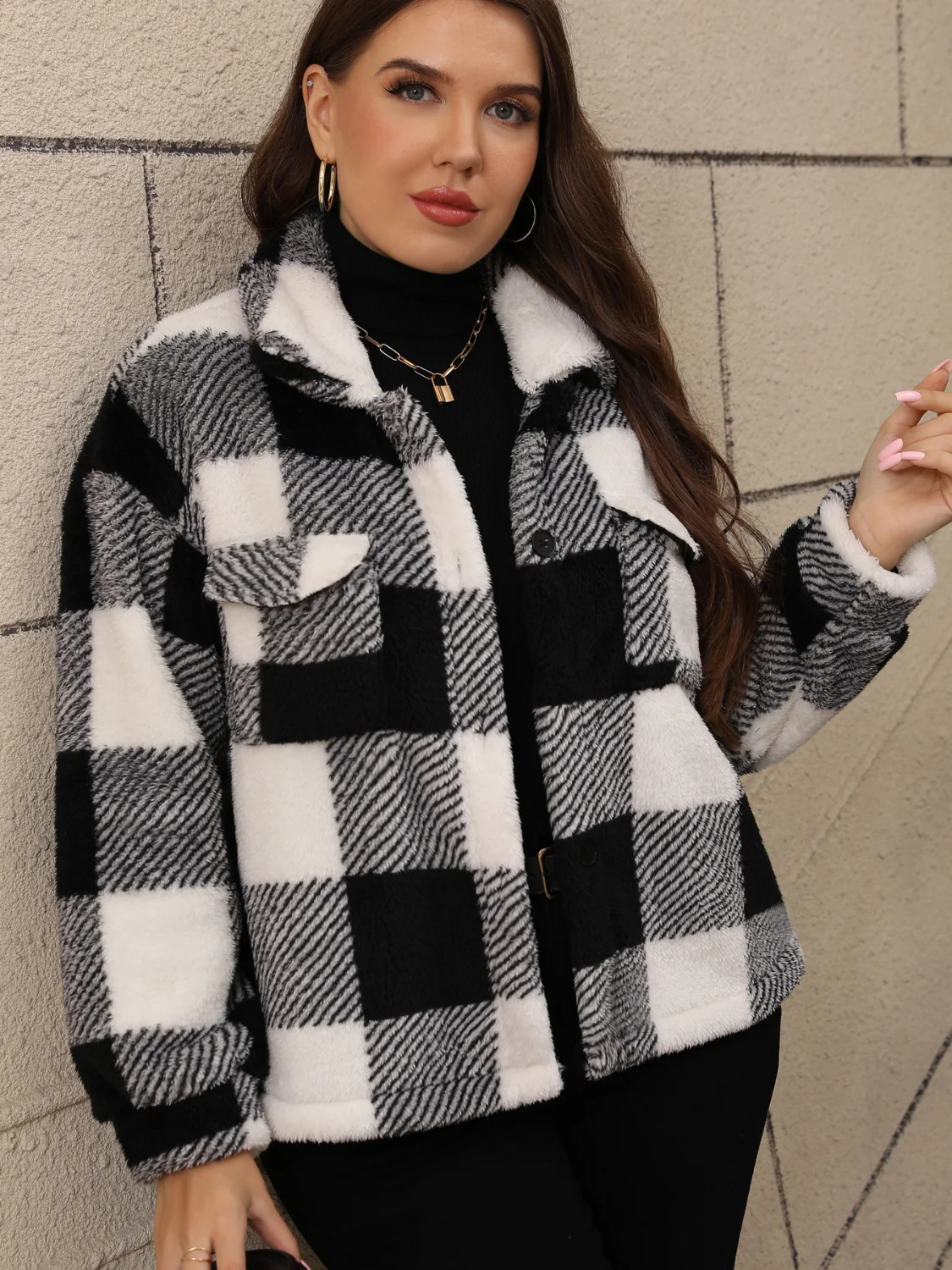 Plus Size Pocketed Plaid Collared Neck Jacket - Image 2