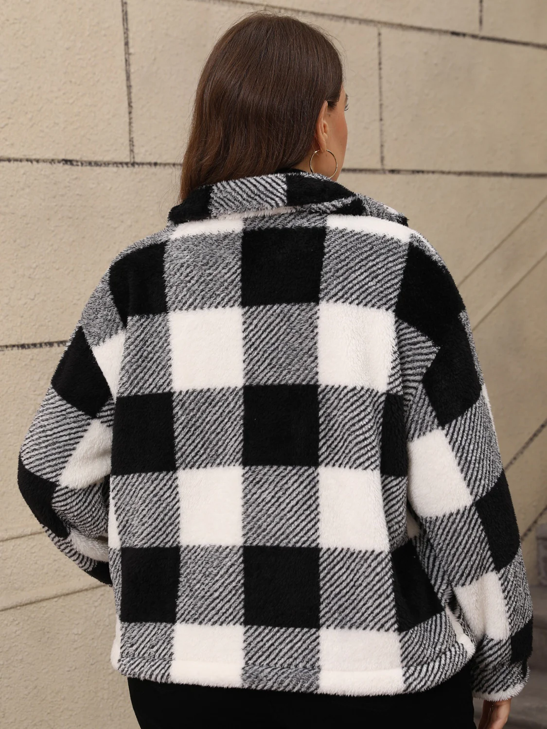 Plus Size Pocketed Plaid Collared Neck Jacket - Image 3